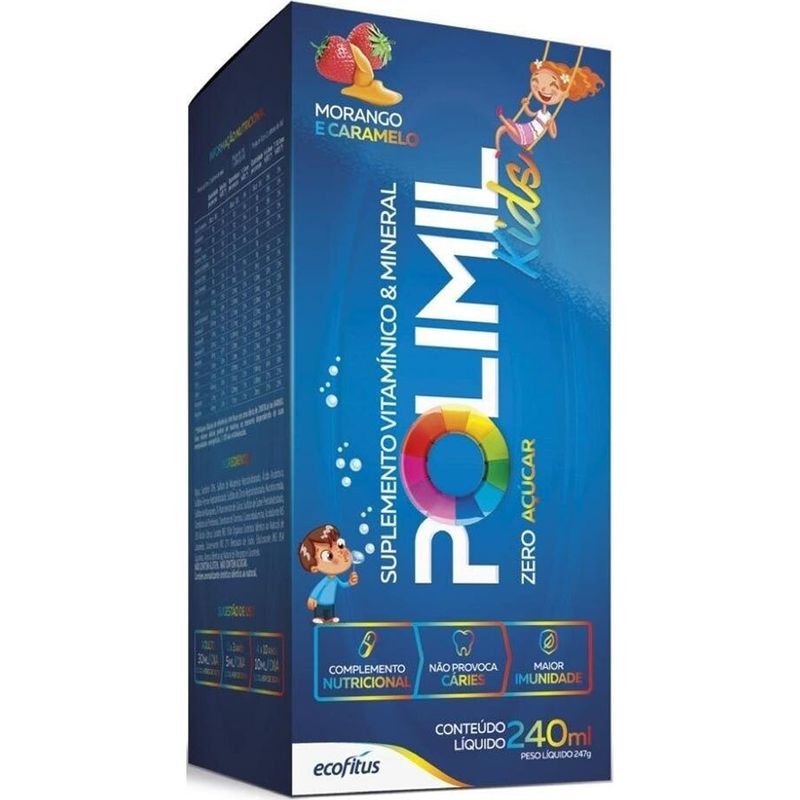 polimil kids suplemento vitamínico e mineral líquido 240ml sabor morango e caramelo ecofitus