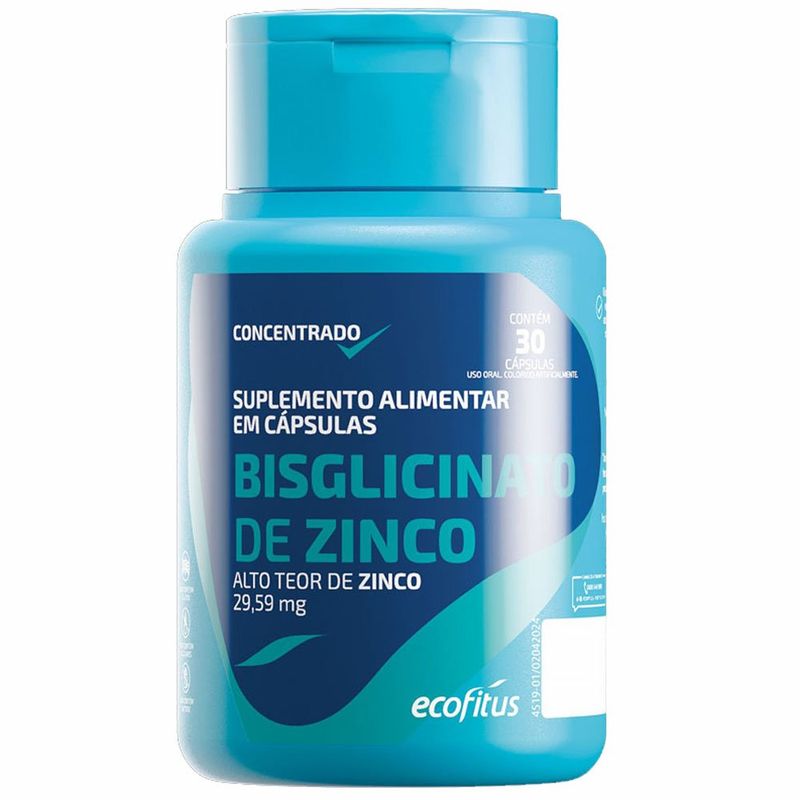 bisglicinato zinco 29,5mg 30 cápsulas suplemento alimentar ecofitus