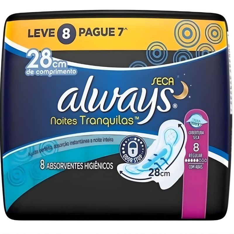 absorvente always noite tranquila seca com abas leve 8 pague 7