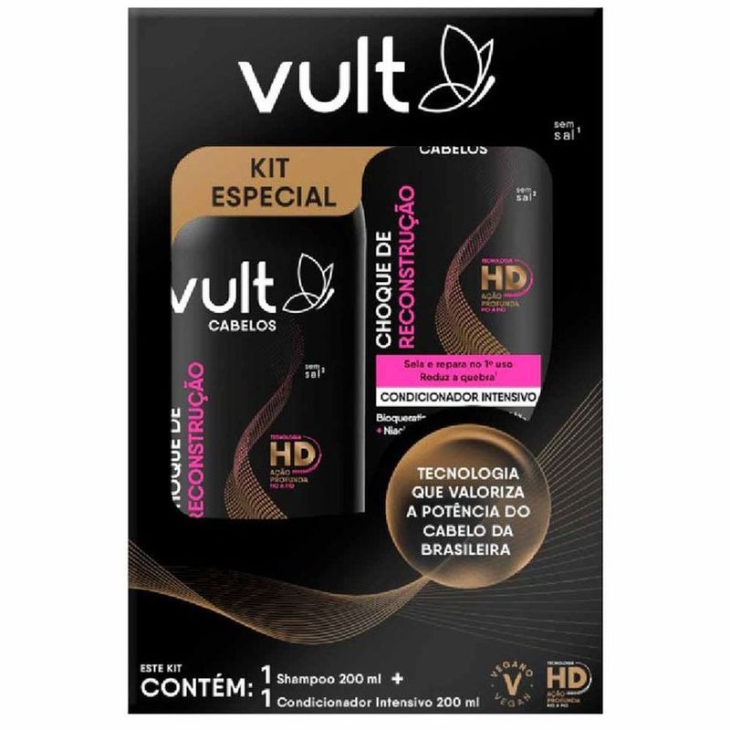 kit vult cabelos choque de reconstrução shampoo 200ml + condicionador intensivo 200ml