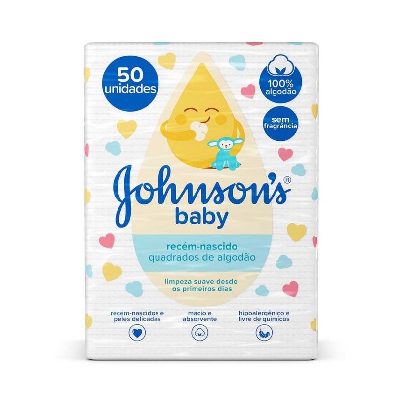 quadrados de algodão johnsons baby recém-nascido 50 unidades
