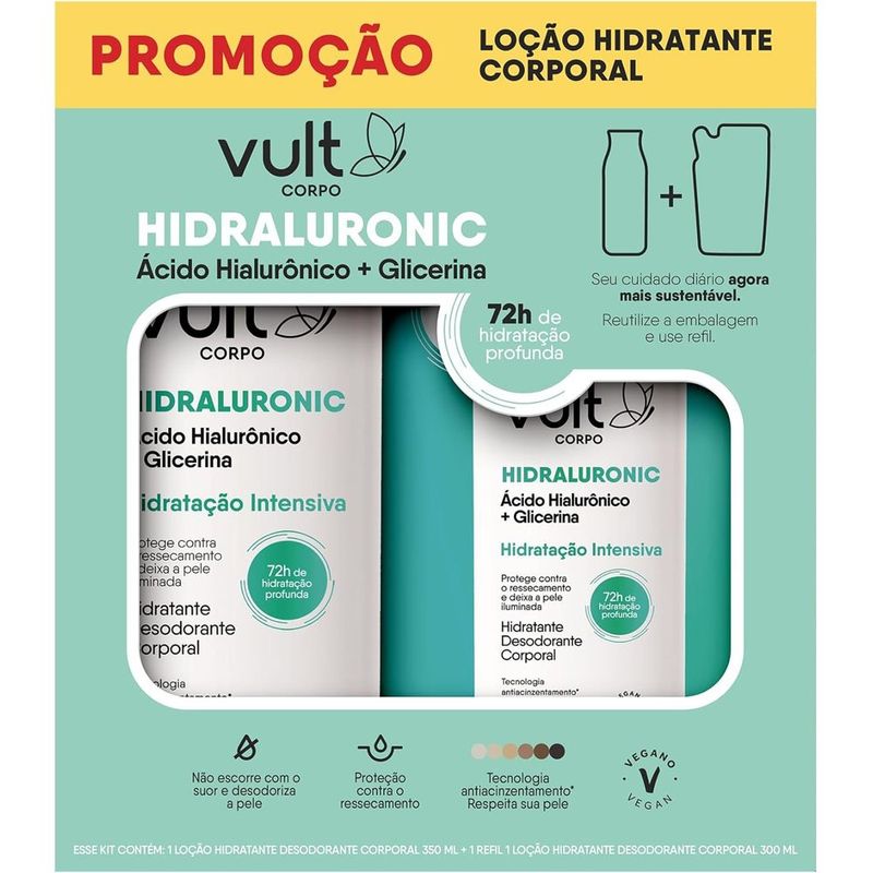 kit hidratante desodorante corporal vult hidraluronic glicerina 350ml + refil 300ml