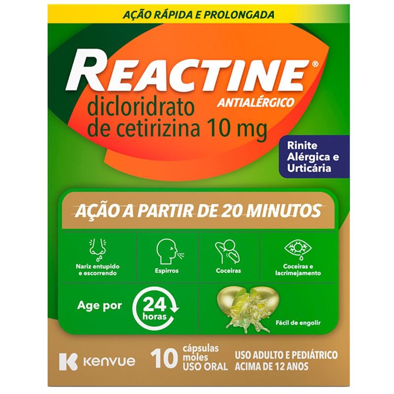 reactine antialérgico dicloridrato de cetirizina 10mg 10 cápsulas kenvue