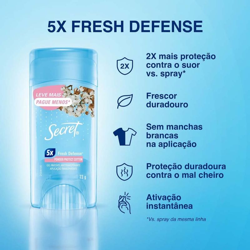 desodorante gel antitranspirante secret fresh defense cotton 73g