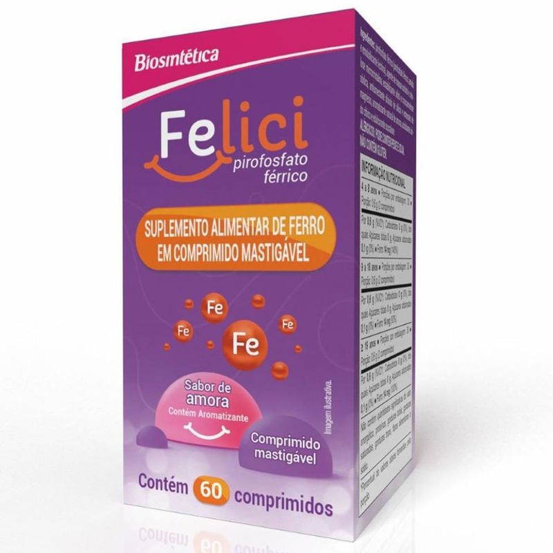 suplemento alimentar felici 60 comprimidos mastigáveis sabor amora biosintética