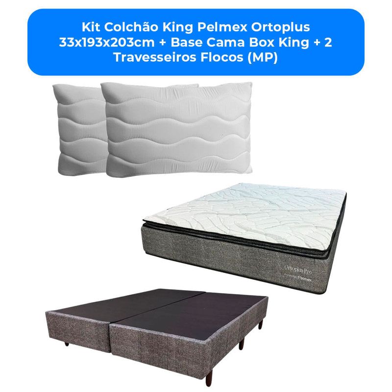 kit colchão king pelmex ortoplus 33x193x203cm + base cama box king + 2 travesseiros flocos (mp)