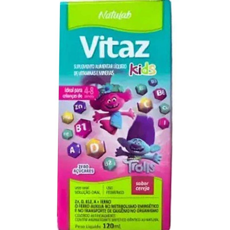 vitaz kids 120ml solução oral gotas trolls sabor cereja natulab