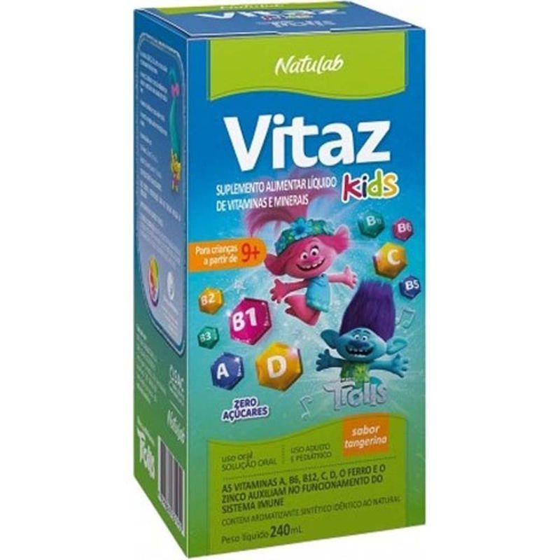 vitaz kids 240ml suplemento vitamínico mineral trolls sabor tangerina natulab