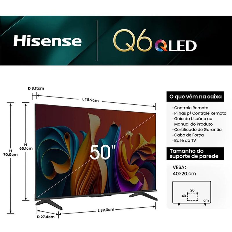 smart tv 50" qled 4k hisense uhd 50q6qv
