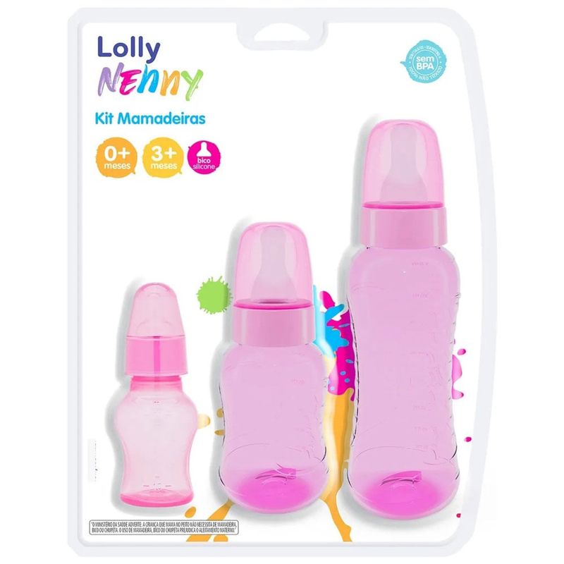 kit de mamadeira lolly nenny clean bico de silicone rosa 3 peças