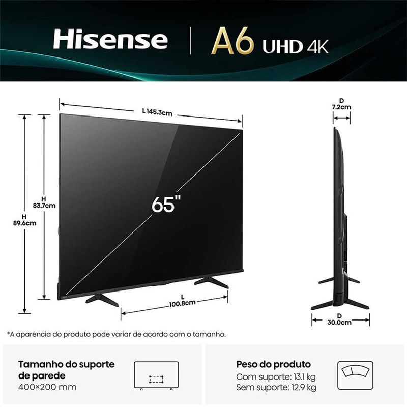 smart tv 4k 65" hisense 65a6nv 107913