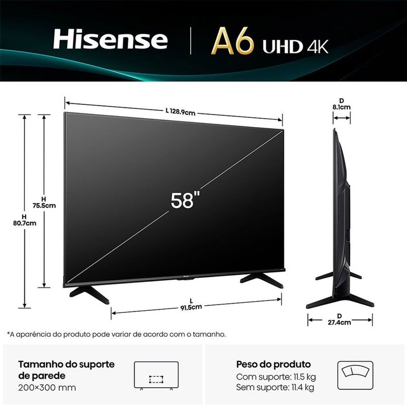 smart tv 4k 58" hisense 58a6n 107853