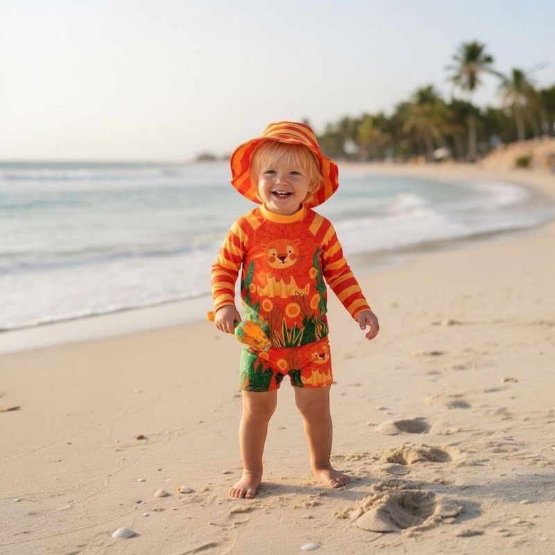 conjunto de praia manga longa peixote leãozinho com chapéu 9 meses (mp)