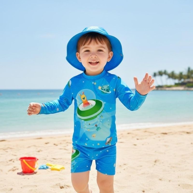 conjunto de praia manga longa peixote monstrinhos no espaço com chapéu 9 meses (mp)