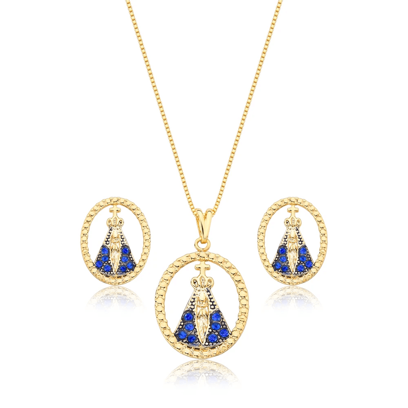 conjunto semijoia luiza mota nossa senhora aparecida borda azul 45cm (mp)