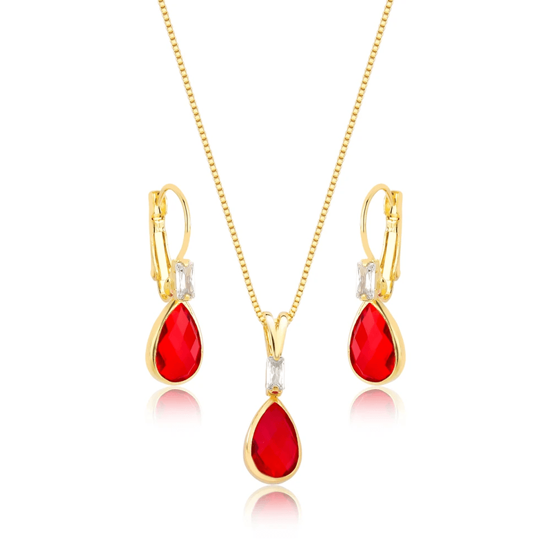 conjunto semijoia luiza mota baguete gota vermelho 45cm (mp)