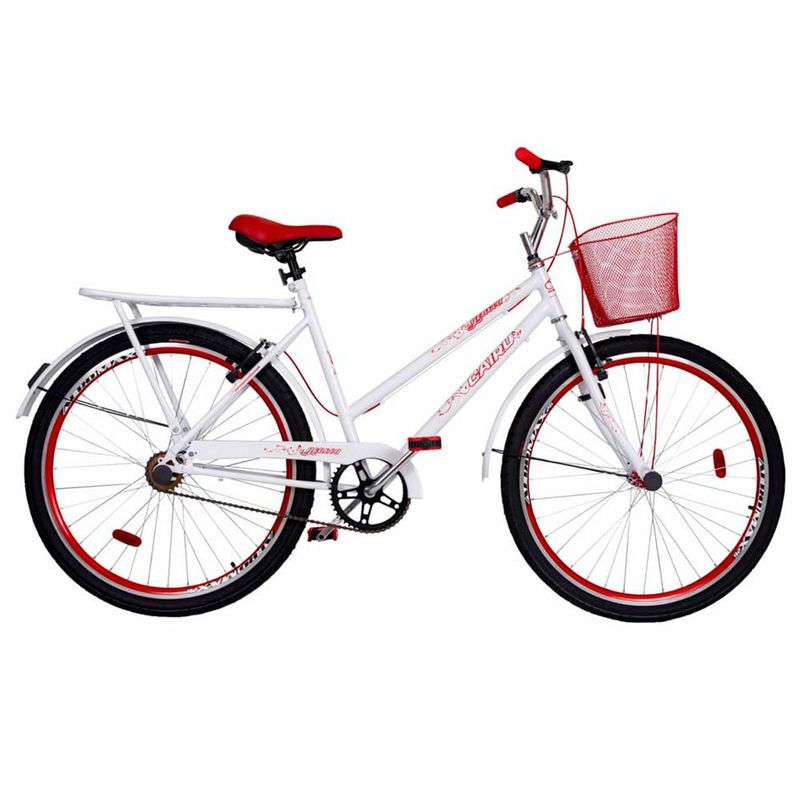 bicicleta cairu aro 26 genova com bagageiro e cesta branco e vermelho (mp)