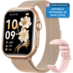 smartwatch feminino akumaka g62 tela de 1.83" rosa e dourado a-mbi