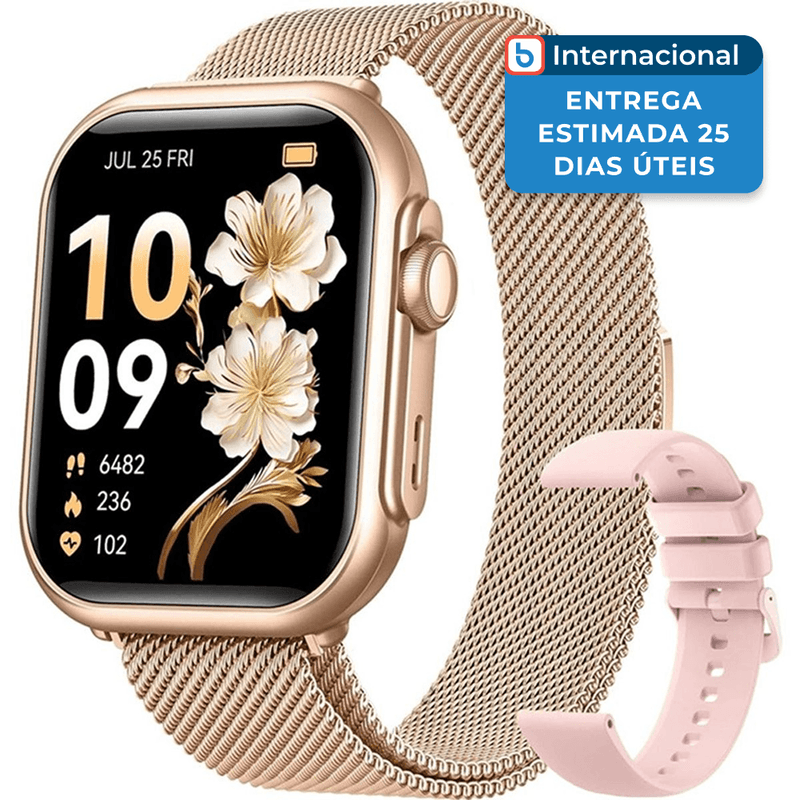 smartwatch feminino akumaka g62 tela de 1.83" rosa e dourado a-mbi