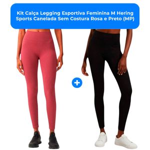 Kit Calça Legging Esportiva Feminina M Hering Sports Canelada Sem Costura Rosa e Preto (MP)