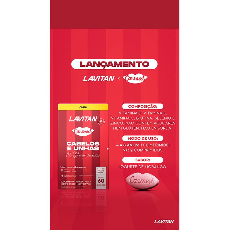 suplemento alimentar lavitan carmed cabelos e unhas sabor iogurte de morango 60 comprimidos mastigáveis