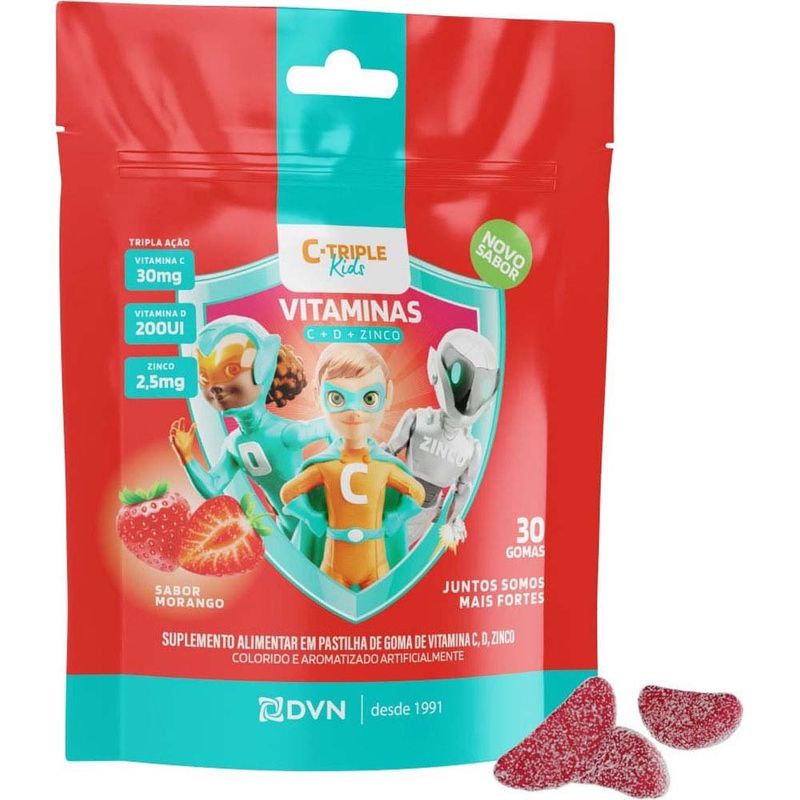 c-triple kids vitamina c + vitamina d + zinco sabor morango 30 gomas