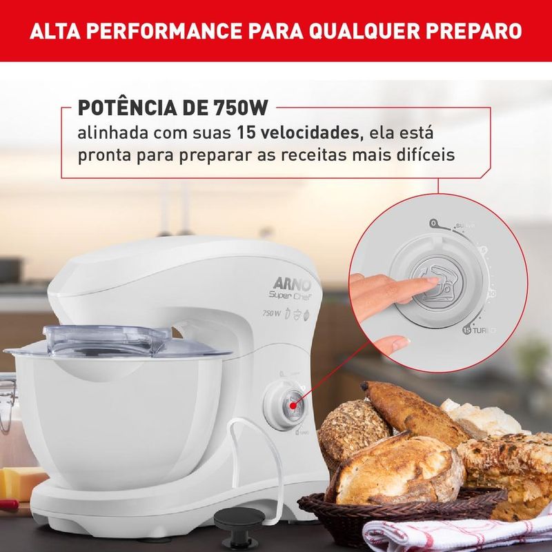 batedeira planetária arno 5l super chef 750w branco km00