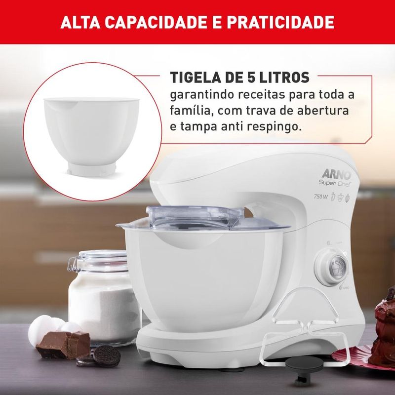 batedeira planetária arno 5l super chef 750w branco km00