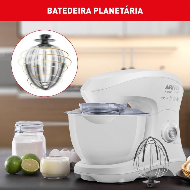batedeira planetária arno 5l super chef 750w branco km00