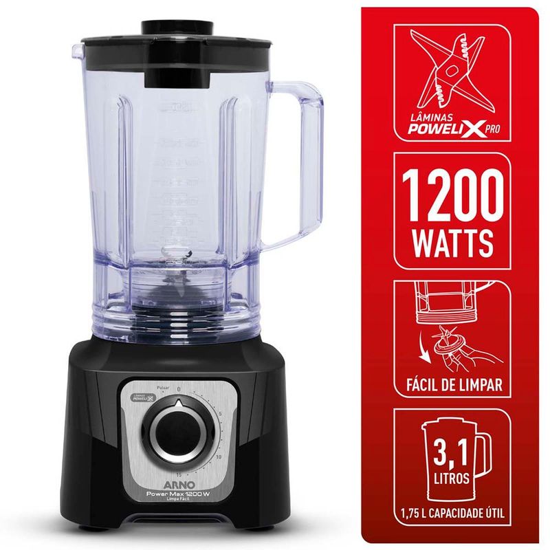 liquidificador arno power max limpa fácil 1200w 3,1l preto ln78