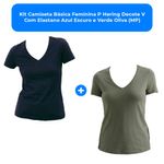 kit camiseta básica feminina p hering decote v com elastano azul escuro e verde oliva (mp)