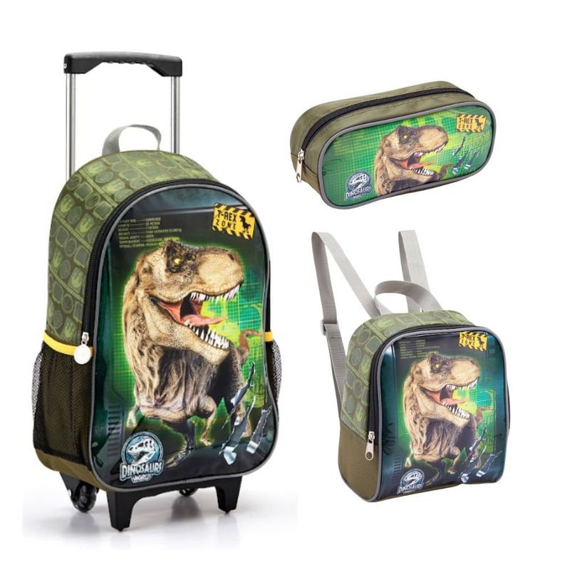 kit mochila de rodinhas seanite 3 peças dinossauro verde (mp)