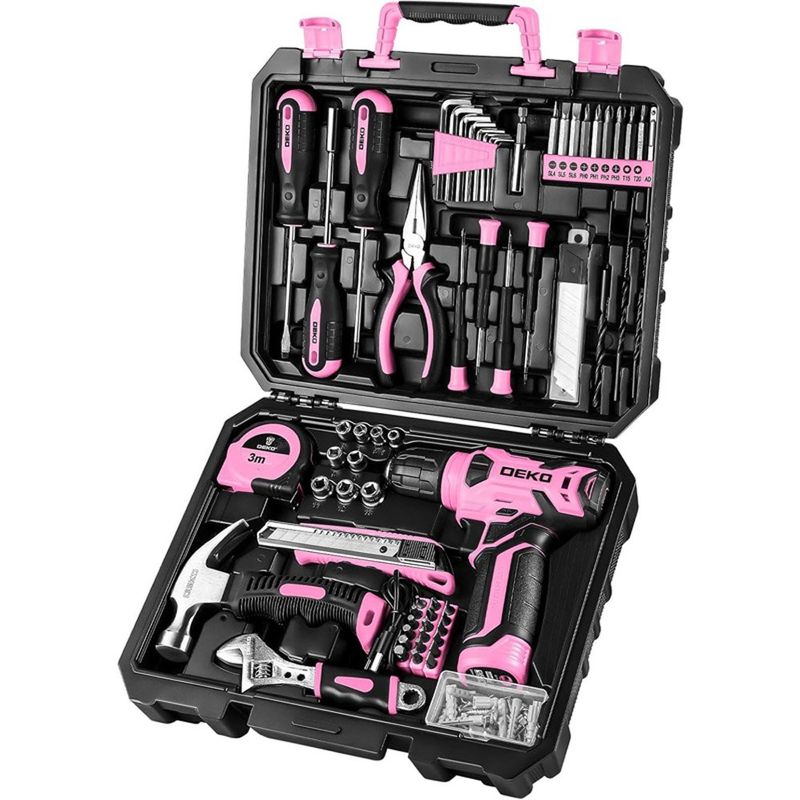 kit de ferramentas dekopro 126 peças com furadeira sem fio preto e rosa a-bi
