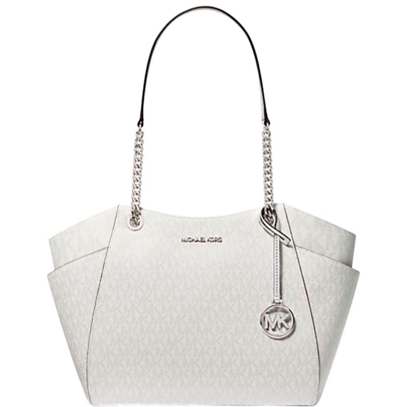 bolsa de ombro michael kors jet set logo em couro sintético branco e prateado w-bi