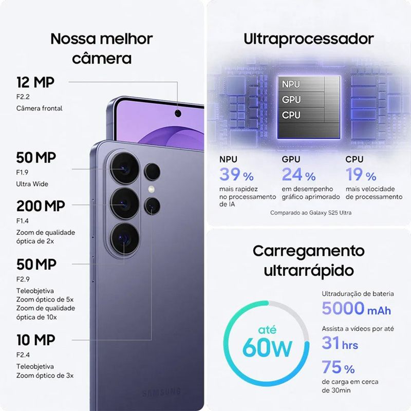 smartphone samsung galaxy s26 ultra branco 512gb tela 6.9" câmera 200mp 12gb ram