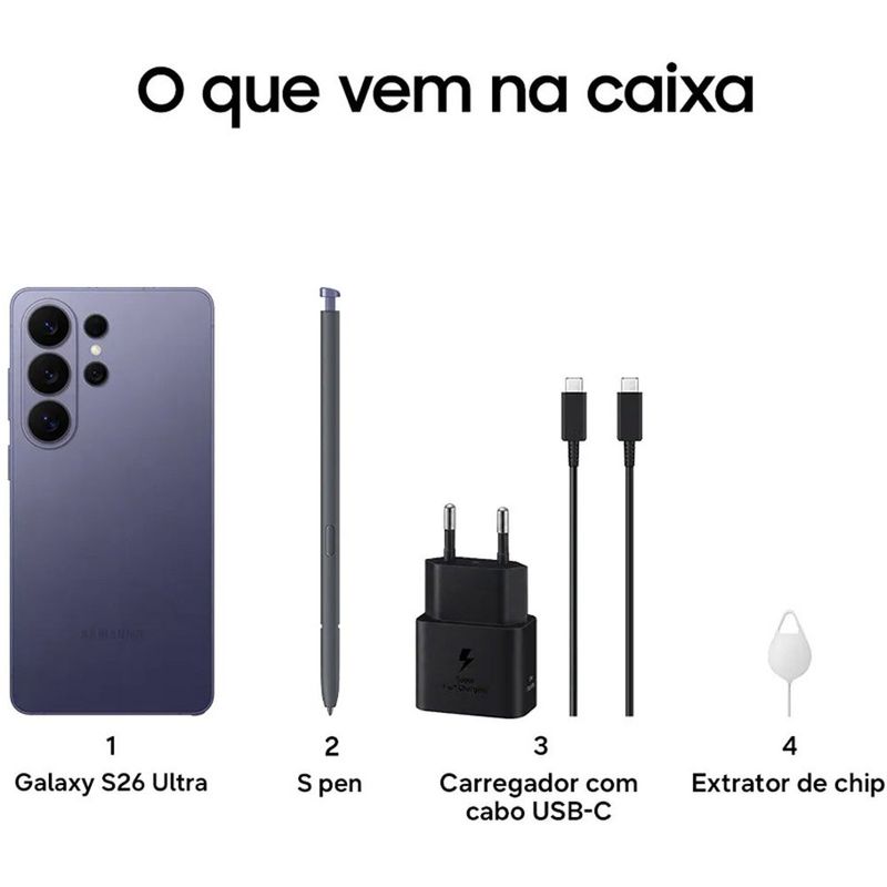 smartphone samsung galaxy s26 ultra branco 512gb tela 6.9" câmera 200mp 12gb ram