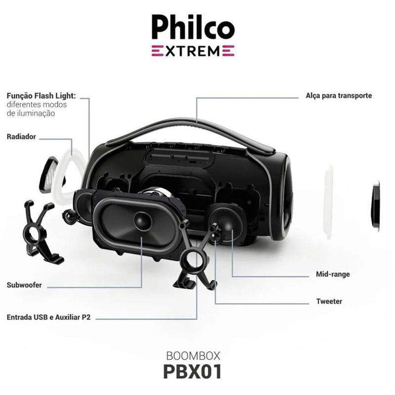 caixa de som bluetooth philco boombox 300w preto pbx01