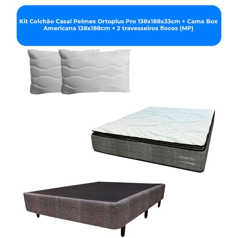 kit colchão casal pelmex ortoplus pro 138x188x33cm + cama box americana 138x188cm + 2 travesseiros flocos (mp)