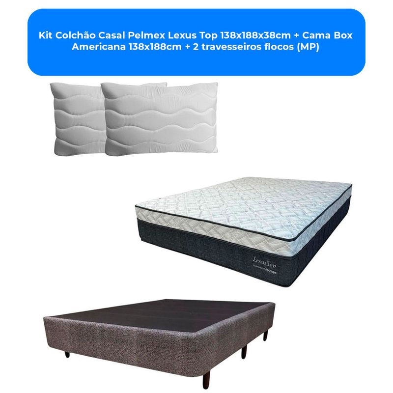 kit colchão casal pelmex lexus top 138x188x38cm + cama box americana 138x188cm + 2 travesseiros flocos (mp)