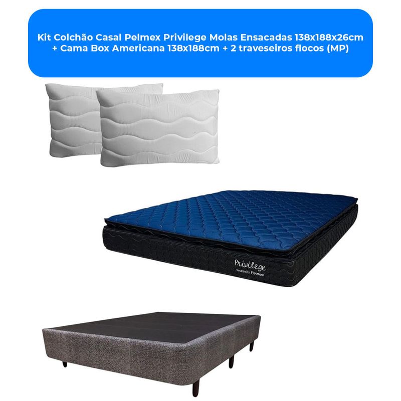 kit colchão casal pelmex privilege molas ensacadas 138x188x26cm + cama box americana 138x188cm + 2 travesseiros flocos (mp)