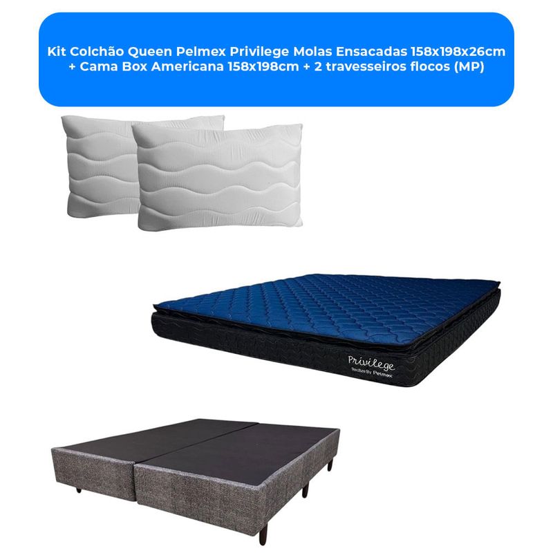 kit colchão queen pelmex privilege molas ensacadas 158x198x26cm + cama box americana 158x198cm + 2 travesseiros flocos (mp)