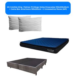 Kit Colchão King  Pelmex Privilege Molas Ensacadas 193x203x26cm + Cama Box Americana 193x203cm + 2 travesseiros flocos (MP)