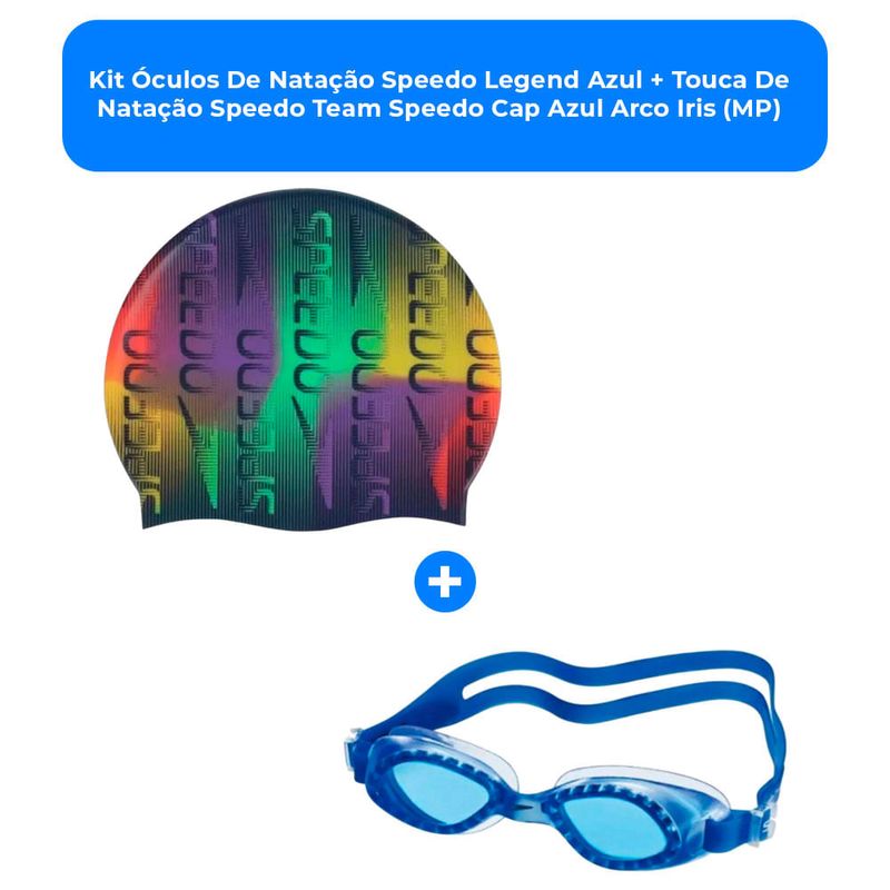 kit óculos de natação speedo legend azul + touca de natação speedo team speedo cap azul arco iris (mp)