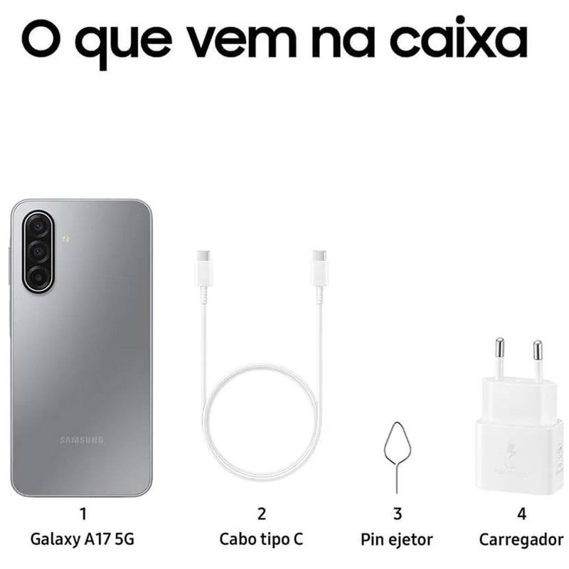 smartphone samsung a17 cinza 5g 256gb tela 6.7" câmera 50mp 8gb ram