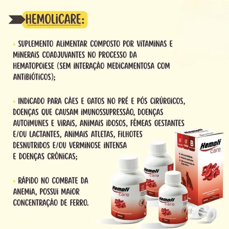 suplemento alimentar hemoli care multivitamínicos labocare para cães e gatos 60ml (mp)
