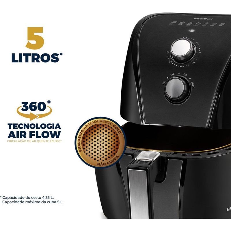 fritadeira britânia air fryer 5 litros antiaderente gold preto 127v baf45a