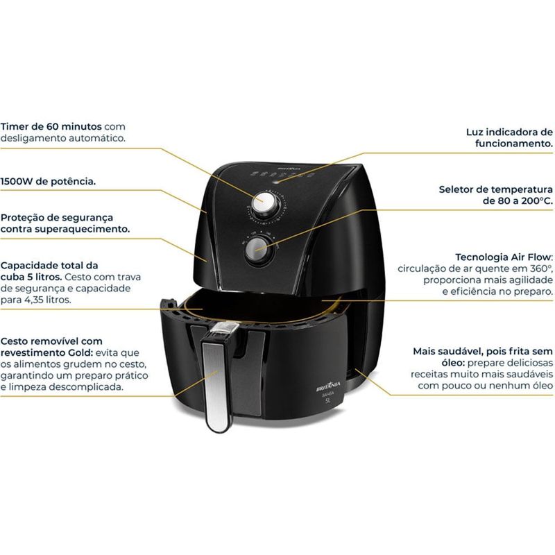 fritadeira britânia air fryer 5 litros antiaderente gold preto 127v baf45a