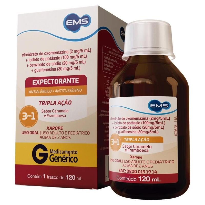 xarope cloridrato de oxomemazina + iodeto de potássio + benzoato de sódio + guaifenesina 120ml ems