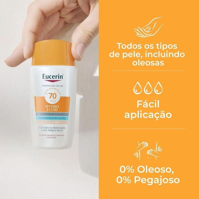 protetor solar facial eucerin sun hydro fluid cor clara fps70 50ml