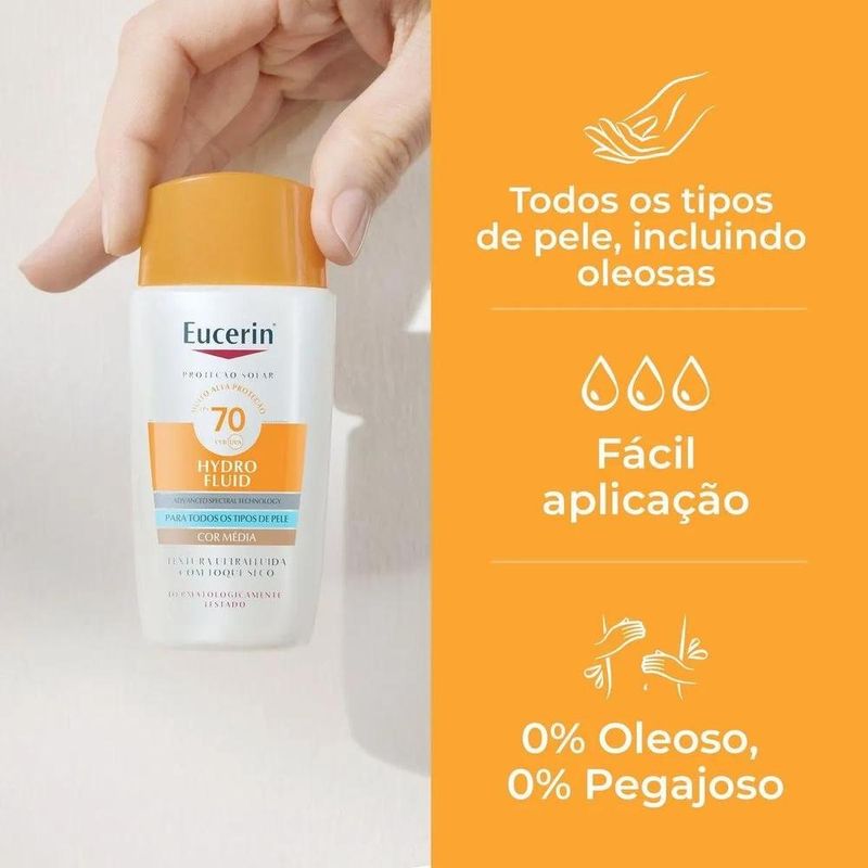 protetor solar facial eucerin sun hydro fluid cor média fps70 50ml